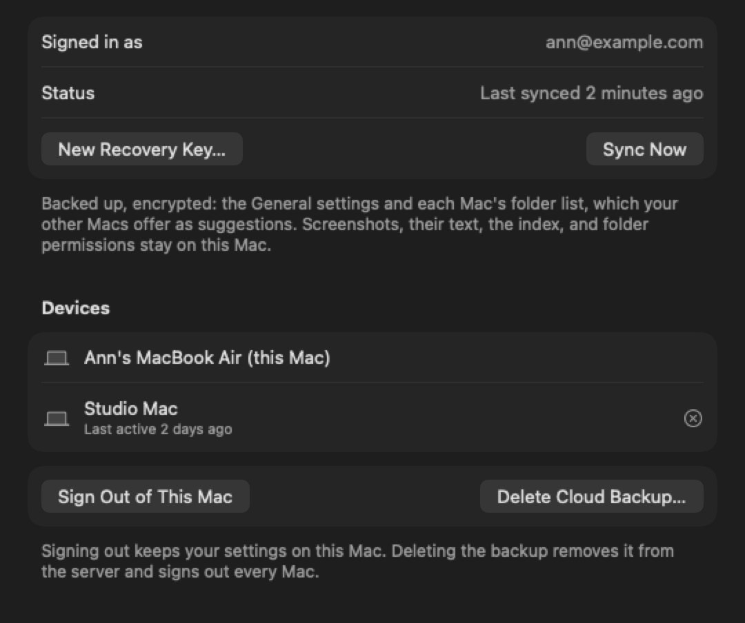 Snapfind backup settings showing it is signed in, last synced two minutes ago, with two Macs listed.