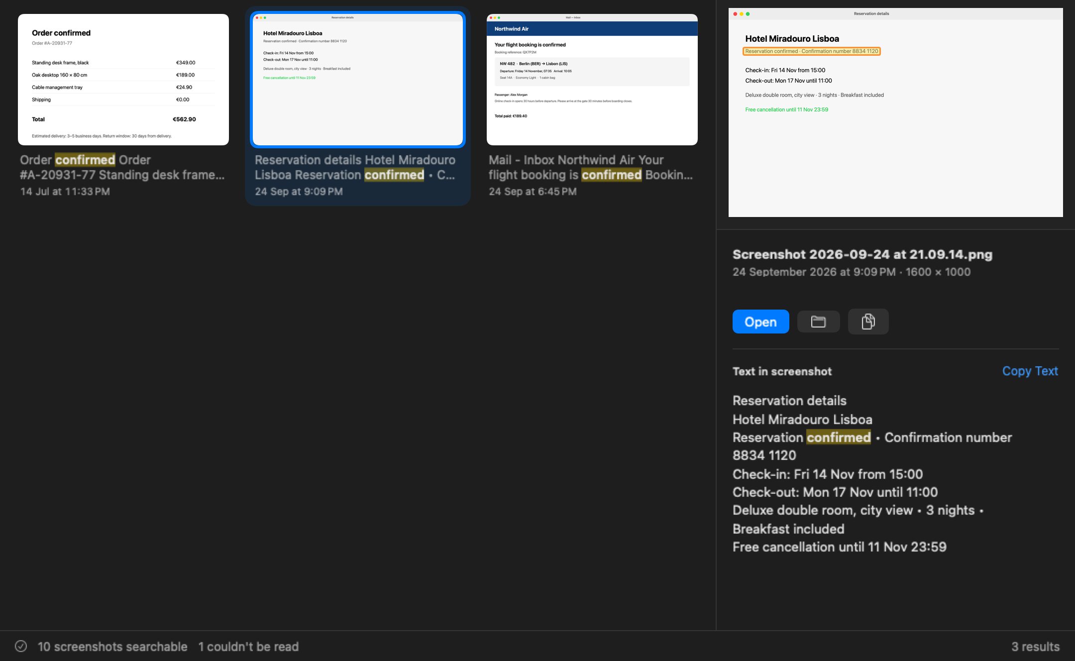 Snapfind showing three screenshots that contain the word confirmed. The selected hotel reservation is previewed with the matching line outlined and its recognised text listed.