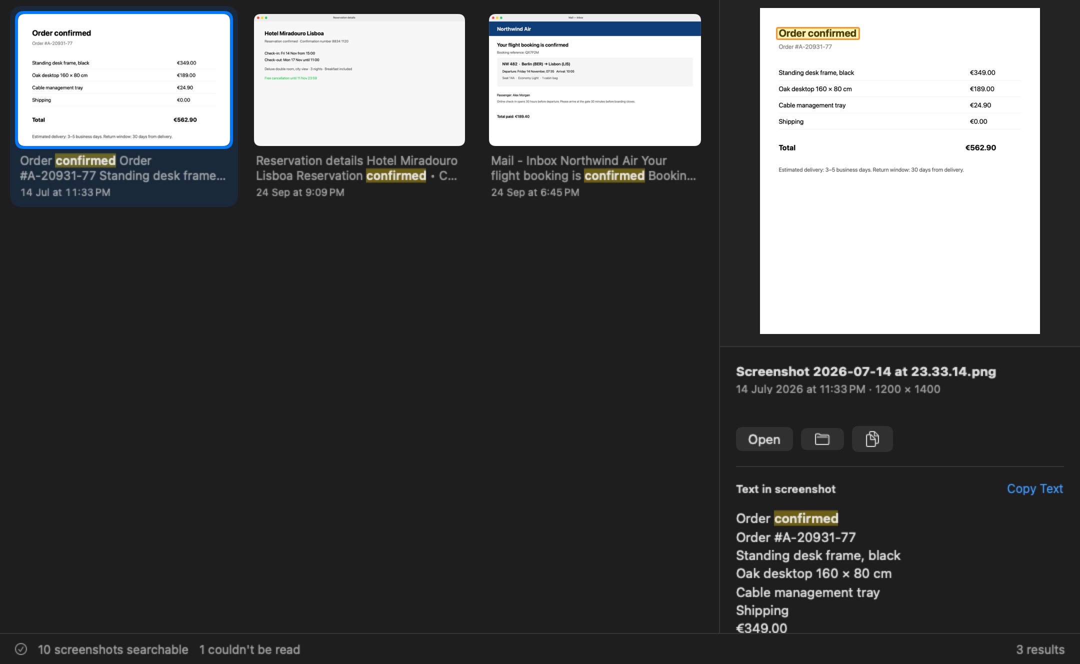 The Snapfind preview pane showing an order confirmation with the words Order confirmed outlined, and the recognised text below it.